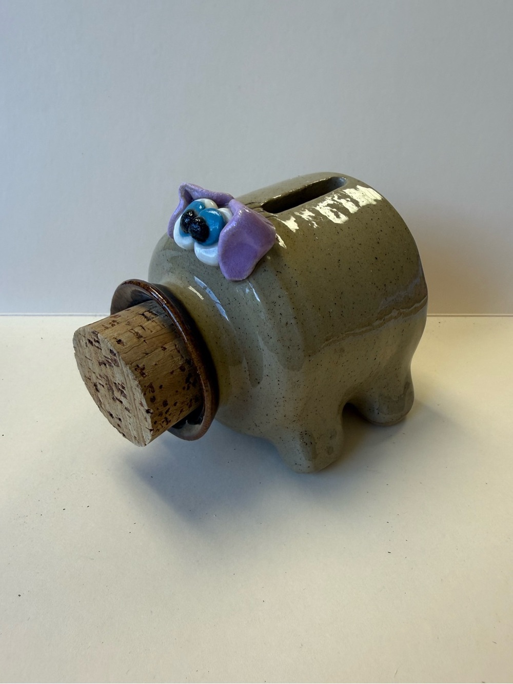 Handmade Pretty Ugly Pottery Pig Figurine Ceramic Piggy Bank with Purple Accent